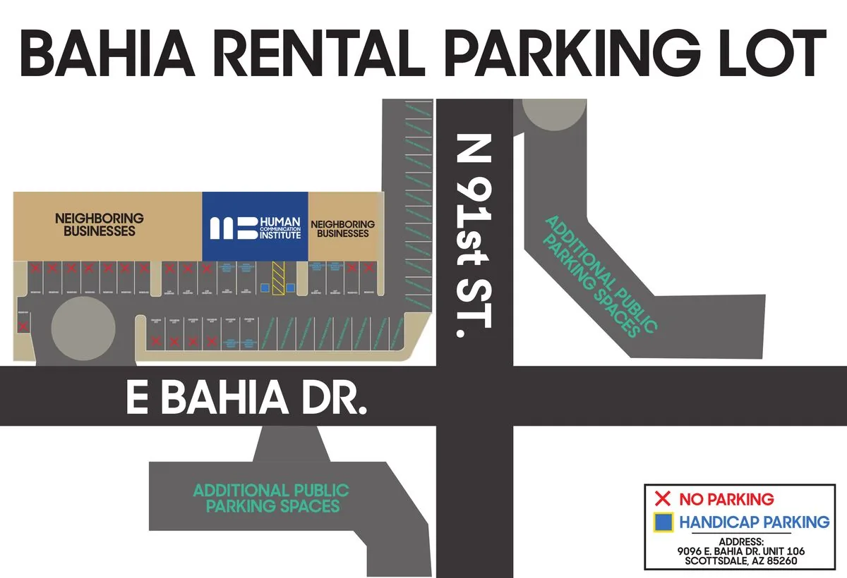Parking map for 9096 E Bahia Dr showing reserved Human Communications Institute spaces and public parking